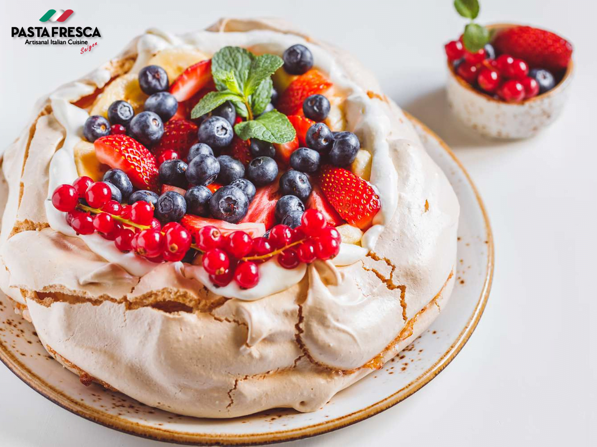 Pavlova is made with coconut, dried fruit, and rice bubble cereal