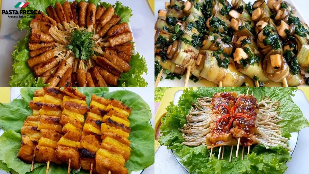 素食烧烤菜肴，例如烤牛肉配上素食烧烤腌料等。 